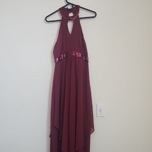Noctflos Elegant Burgundy Sequin Halter Dress